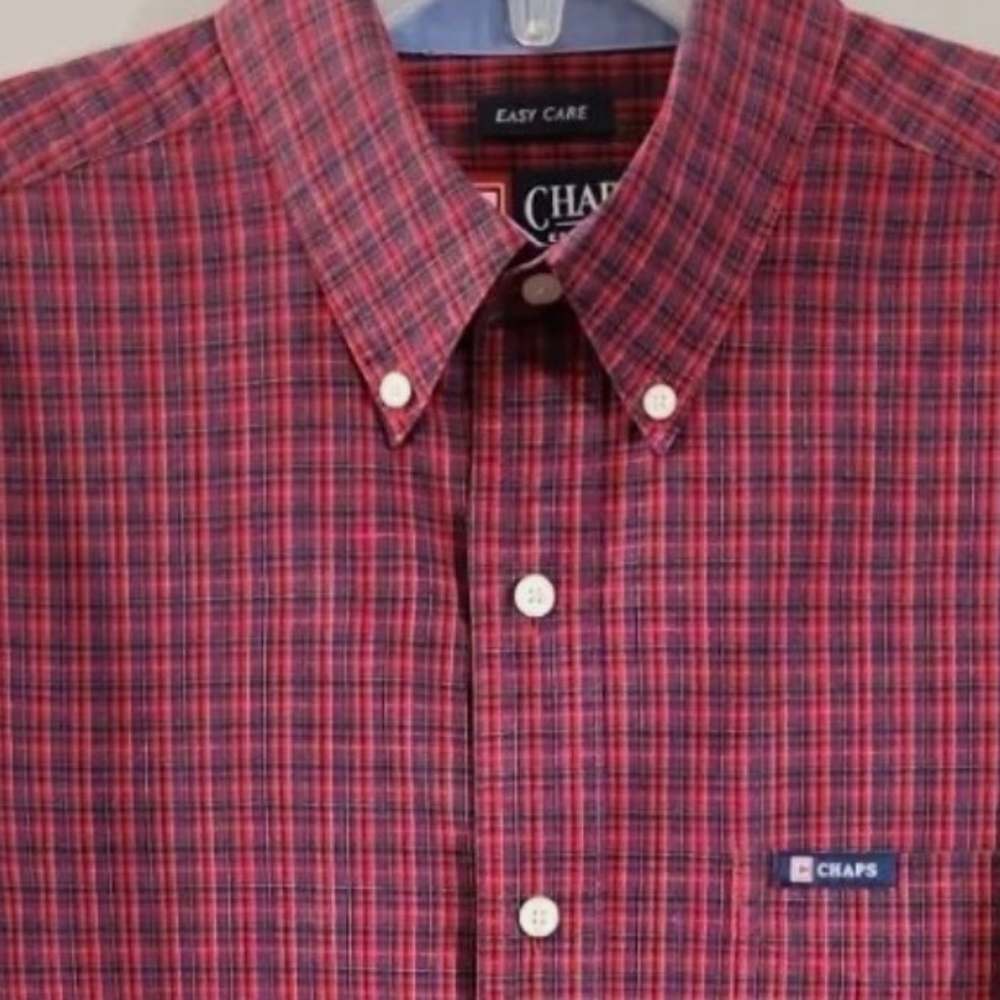Chaps Mens Red Plaid Button Down Shirt Easy Care Cotton Blend...NEW...